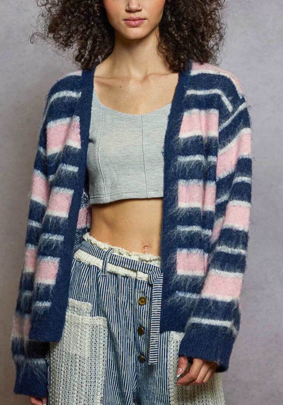 POL Striped Fuzzy Cardigan Size Small Pink Navy Open Front Knit Sweater